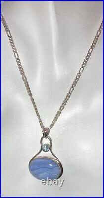 Scottish Blue Lace Agate Sterling Silver Aquamarine Pendant Necklace Vtg Antique