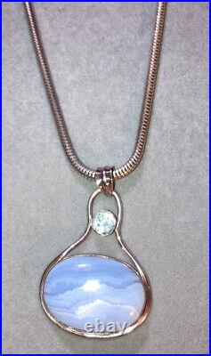 Scottish Blue Lace Agate Sterling Silver Aquamarine Pendant Necklace Vtg Antique