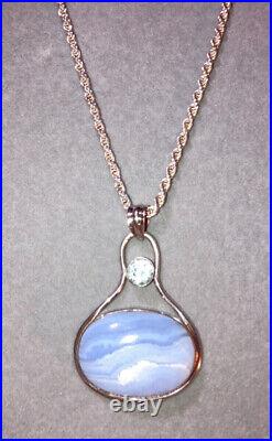 Scottish Blue Lace Agate Sterling Silver Aquamarine Pendant Necklace Vtg Antique