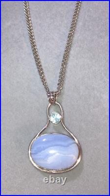 Scottish Blue Lace Agate Sterling Silver Aquamarine Pendant Necklace Vtg Antique