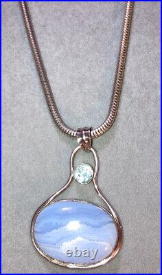 Scottish Blue Lace Agate Sterling Silver Aquamarine Pendant Necklace Vtg Antique