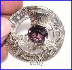 Scottish Celtic Amethyst Thistle Flower Sterling Silver vintage Brooch Pin