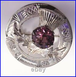 Scottish Celtic Amethyst Thistle Flower Sterling Silver vintage Brooch Pin