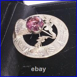 Scottish Celtic Amethyst Thistle Flower Sterling Silver vintage Brooch Pin