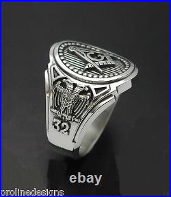 Scottish Rite 32nd Degree Double Eagle Masonic Sterling Silver Ring #025O