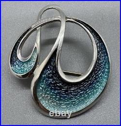 Scottish Sheila Fleet 925 Sterling Silver Blue Enamel Water Wave Shape Brooch