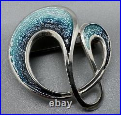 Scottish Sheila Fleet 925 Sterling Silver Blue Enamel Water Wave Shape Brooch