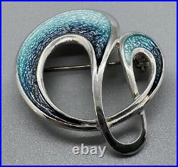 Scottish Sheila Fleet 925 Sterling Silver Blue Enamel Water Wave Shape Brooch