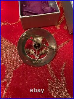 Scottish Silver Round Thistle Brooch With Amethyst Stone
