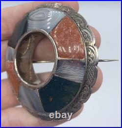 Scottish Sterling Silver Brooch Pendant Hand Chase Round Agate Victorian Antique
