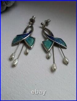 Scottish Sterling Silver, Enamel & Baroque Pearl Earrings by Norman Grant. DJ
