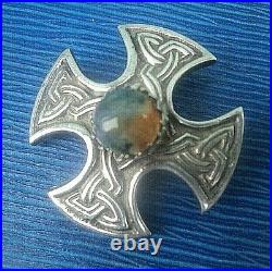 Scottish Stg Silver Iona Celtic Cross Moss Agate Brooch h/m 1964 Robert Allison