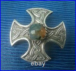 Scottish Stg Silver Iona Celtic Cross Moss Agate Brooch h/m 1964 Robert Allison