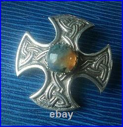 Scottish Stg Silver Iona Celtic Cross Moss Agate Brooch h/m 1964 Robert Allison