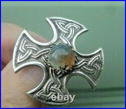 Scottish Stg Silver Iona Celtic Cross Moss Agate Brooch h/m 1964 Robert Allison