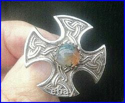 Scottish Stg Silver Iona Celtic Cross Moss Agate Brooch h/m 1964 Robert Allison