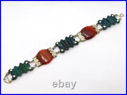 Scottish Victorian Sterling Silver, Carnelian, Moss Agate Panel Bracelet Antique