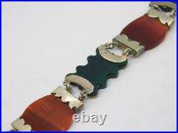 Scottish Victorian Sterling Silver, Carnelian, Moss Agate Panel Bracelet Antique