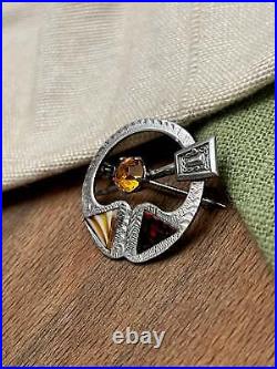 Scottish Ward Brothers WBS Agate and Amber Brooch Pin Solid 925 Sterling Silver