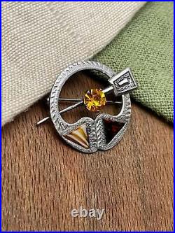 Scottish Ward Brothers WBS Agate and Amber Brooch Pin Solid 925 Sterling Silver