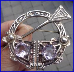 Silver Scottish Brooch Amethyst Celtic Vintage LARGE HEAVY hm 1960 Ward Brothers