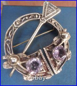 Silver Scottish Brooch Amethyst Celtic Vintage LARGE HEAVY hm 1960 Ward Brothers