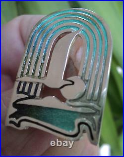 Silver Scottish Enamel Sea Bird Flying / Sun Brooch Pat Cheney 1980s Art Deco