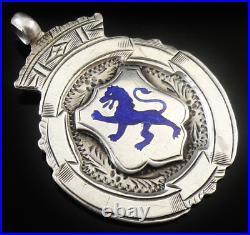 Sterling Silver Blue Enamel Scottish Lion Rampant Pocket Watch Fob Medal 1920