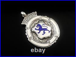 Sterling Silver Blue Enamel Scottish Lion Rampant Pocket Watch Fob Medal 1920