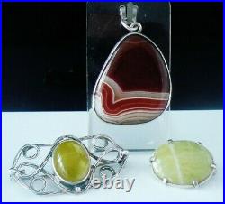 Sterling Silver Brooches & Pendant Agate & Green Stoned, Job Lot Scottish