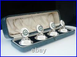 Sterling Silver Enamel Menu Place Card Holders, Scottish Thistles 1927 Cased Sterling Silver Enamel Menu Place Card Holders, Scottish Thistles 1927 Cased