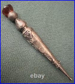 Sterling Silver Etched Vintage Scottish Celtic Kilt Pin Amber Color Stone