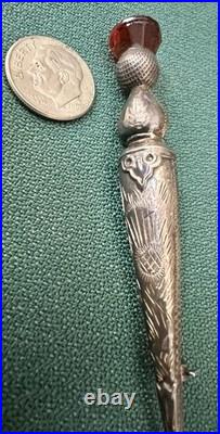 Sterling Silver Etched Vintage Scottish Celtic Kilt Pin Amber Color Stone