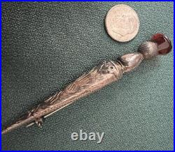 Sterling Silver Etched Vintage Scottish Celtic Kilt Pin Amber Color Stone