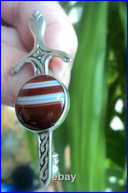 Sterling Silver Scottish Iona Agate Celtic Sword Brooch John Hart 1968 Edinburgh
