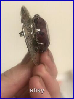 Sterling Silver brooch with large purple Paste Stone scottish, antique vintage