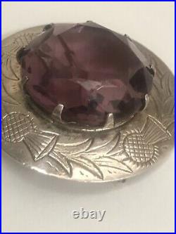 Sterling Silver brooch with large purple Paste Stone scottish, antique vintage