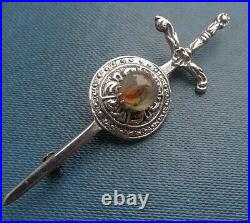 Stg Silver Moss & Agate Scottish Iona Sword Shield Brooch hm 1968 Robert Allison