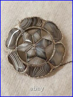 Stunning Antique Mid Victorian Silver Brooch Scottish Montrose Agate 32.5g