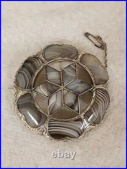 Stunning Antique Mid Victorian Silver Brooch Scottish Montrose Agate 32.5g