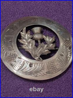 Stunning Large Scottish Sterling Silver Circular Carved Brooch