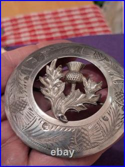 Stunning Large Scottish Sterling Silver Circular Carved Brooch