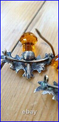 Stunning Pair of Scottish Antique Sterling Silver Amber Glass Thistle Brooches