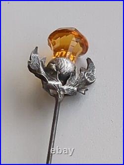 Stunning Rare 19thc C1860 Scottish Silver Thistle And Citrine Stone Hat Pin