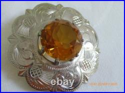 Superb Antique Silver Scottish Citrine Brooch 1967 Edinburgh 1 3/4 Dia