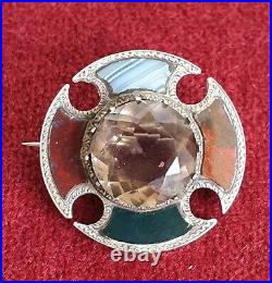 Superb Antique Silver Smoky Quartz Scottish agate pebble brooch pin Vtg Birmh