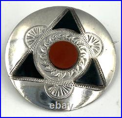 Superb Antique Victorian Scottish Sterling Silver Agate Brooch Pin Hallmarked