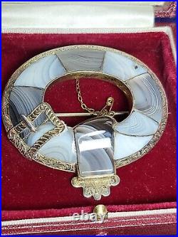 Superb Antique Victorian Sterling Silver Scottish Montrose Banded Agate Brooch