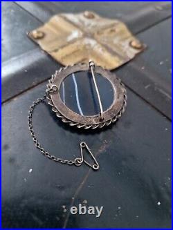 Superb large antique Victorian 1890 silver Scottish blue agate brooch pin clip
