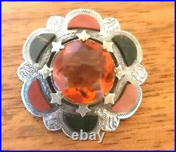 Two Antique Scottish Agate Citrine Silver Brooches